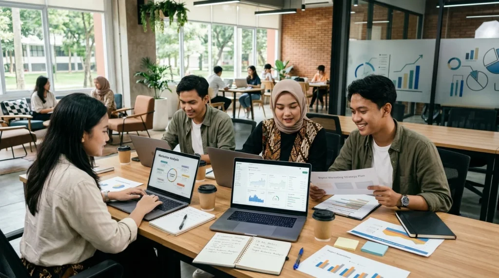 Mahasiswa Bisnis Digital mempelajari strategi bisnis berbasis teknologi