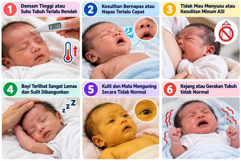 Infografis 6 tanda bahaya pada bayi baru lahir, meliputi demam, kesulitan bernapas, tidak mau menyusu, bayi lemas, penyakit kuning, dan kejang. Salin Alt Text