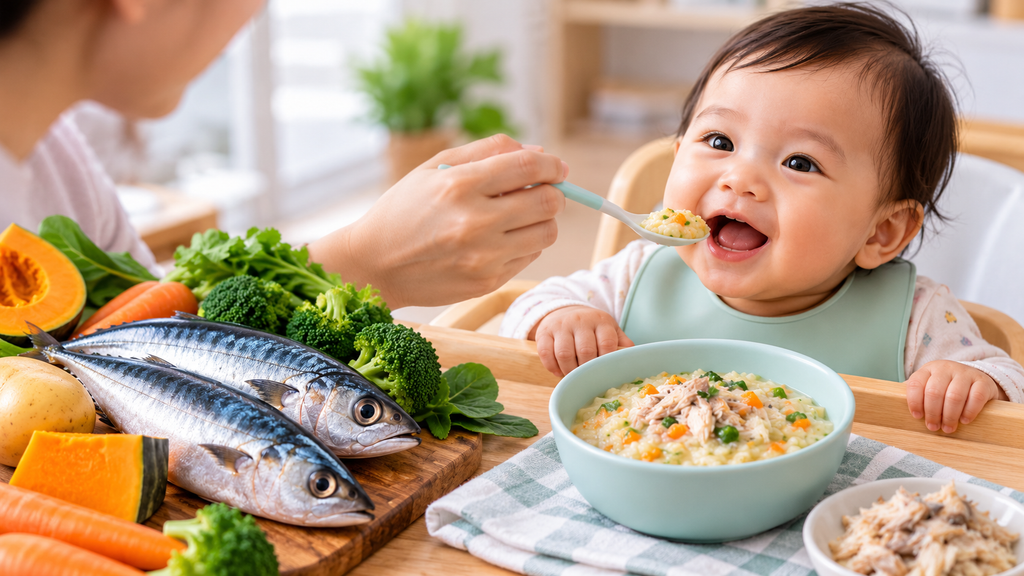 Bayi sedang menikmati menu MPASI ikan kembung bergizi dengan sayuran yang kaya omega-3