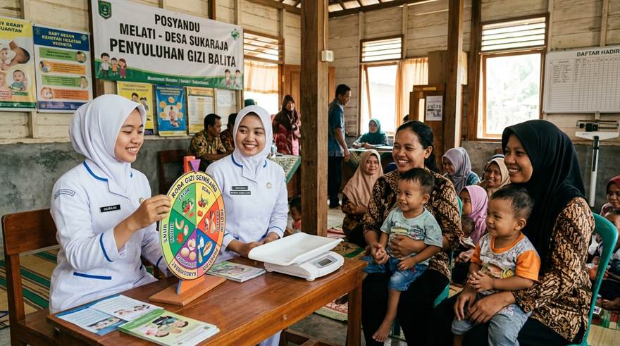 Mahasiswa kesehatan memperagakan media penyuluhan posyandu interaktif bersama kader dan ibu balita